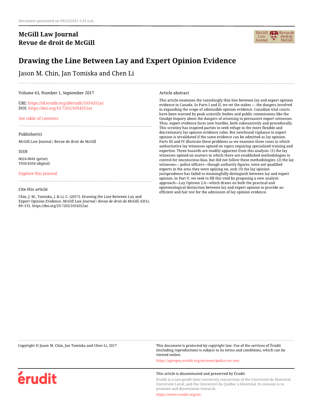 Drawing the Line Between Lay and Expert Opinion Evidence Jason M