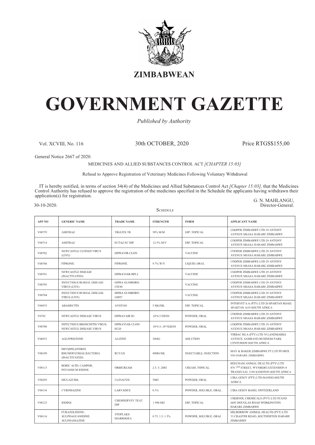 ZIMBABWEAN GOVERNMENT GAZETTE Published by Authority