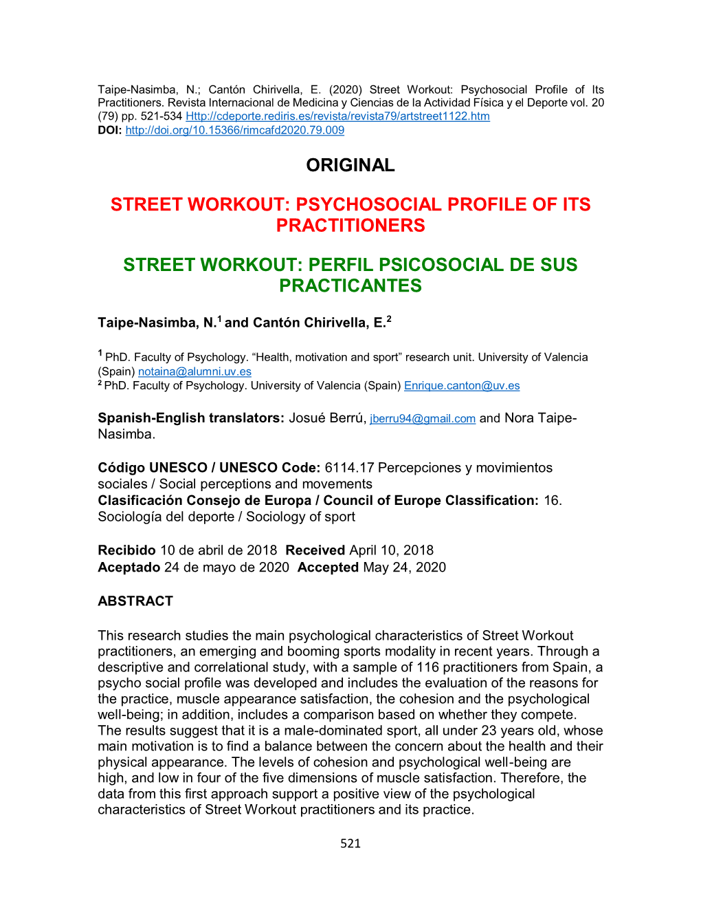 Street Workout: Psychosocial Profile of Its Practitioners