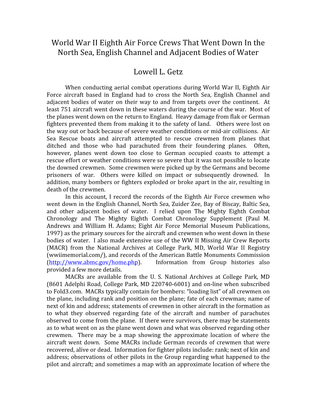 World War II Eighth Air Force Crews That Went Down in the North Sea, English Channel and Adjacent Bodies of Water