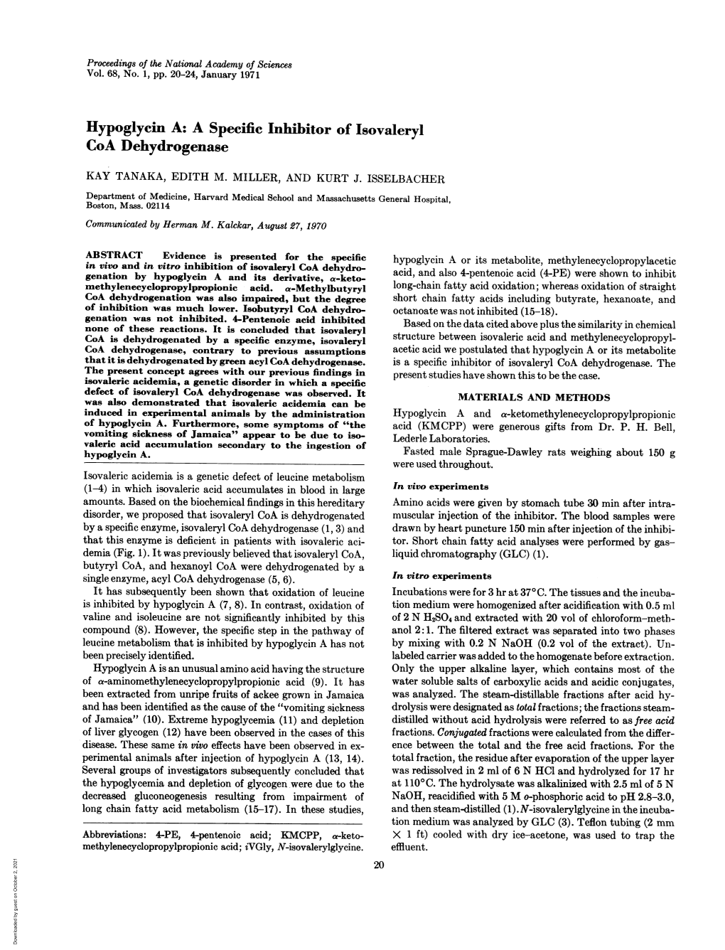 Hypoglycin A:A Specificinhibitor of Isovaleryl Coa Dehydrogenase