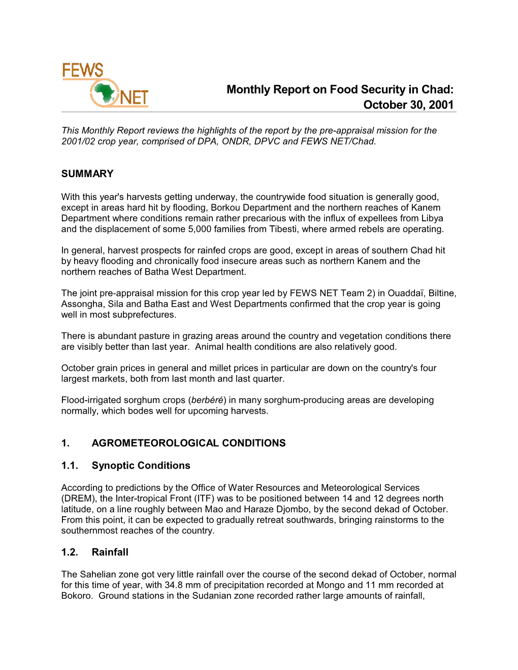 Monthly Report on Food Security in Chad: October 30, 2001