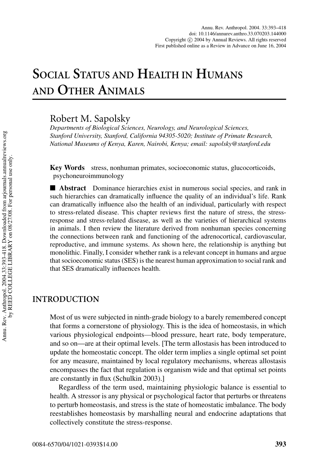 Social Status and Health in Humans and Other Animals