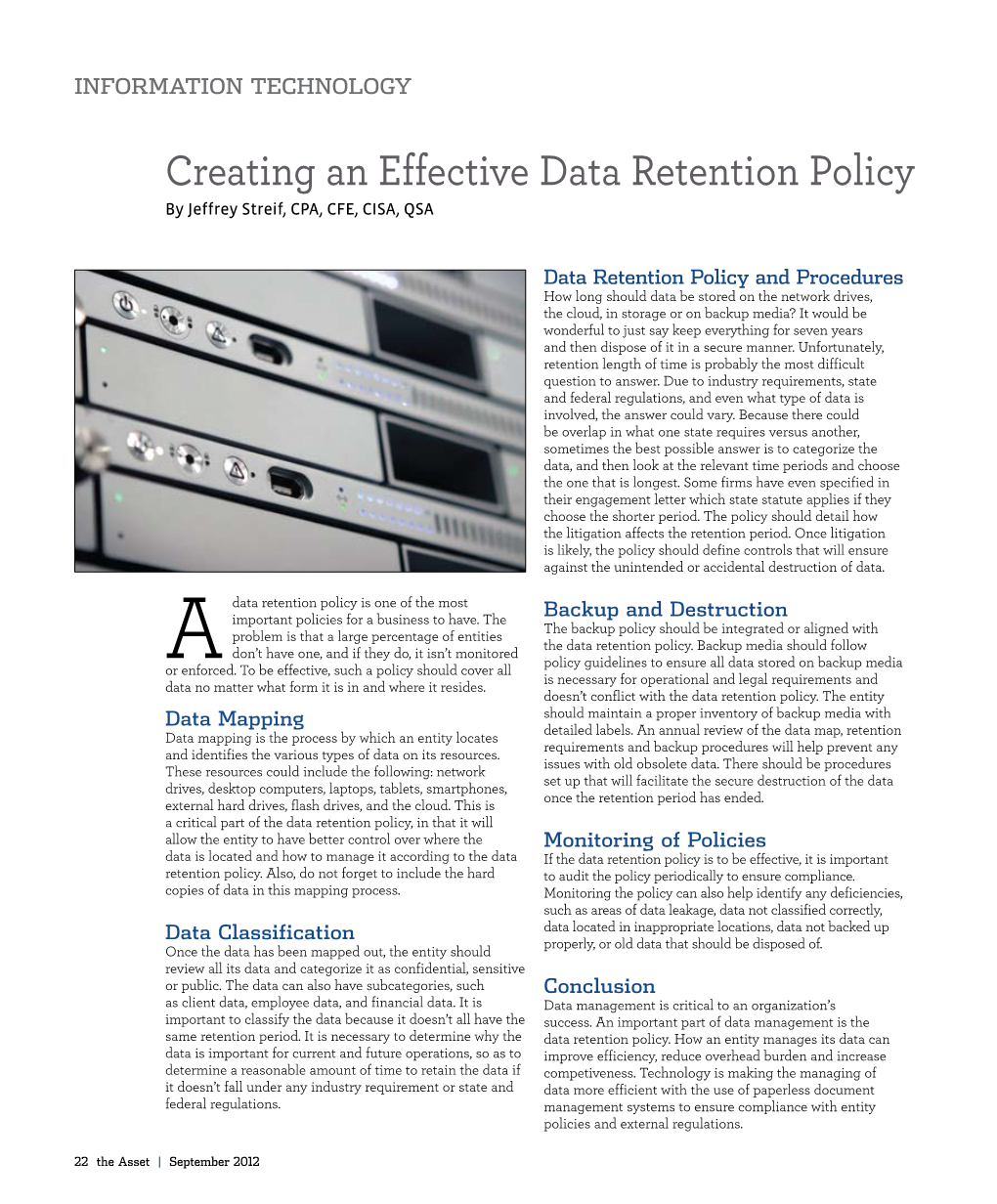 Creating an Effective Data Retention Policy by Jeffrey Streif, CPA, CFE, CISA, QSA