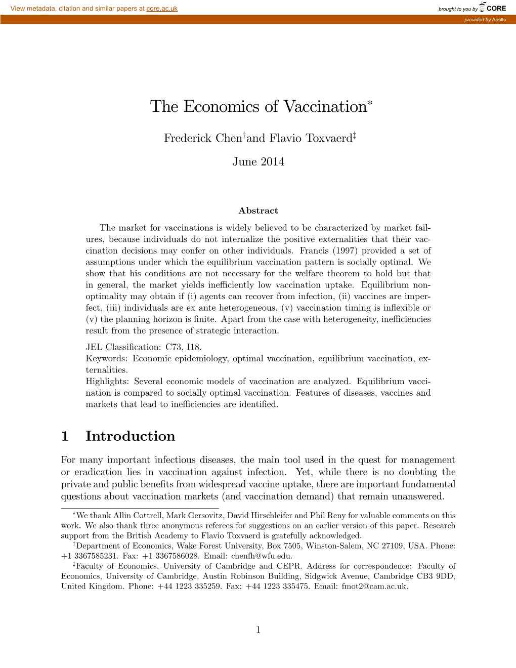 The Economics of Vaccination∗