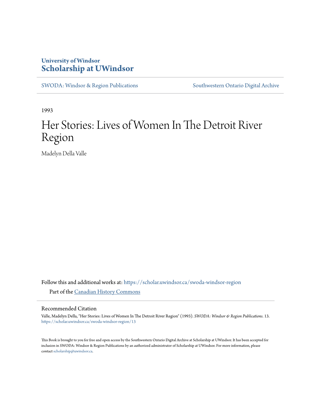 Lives of Women in the Detroit River Region