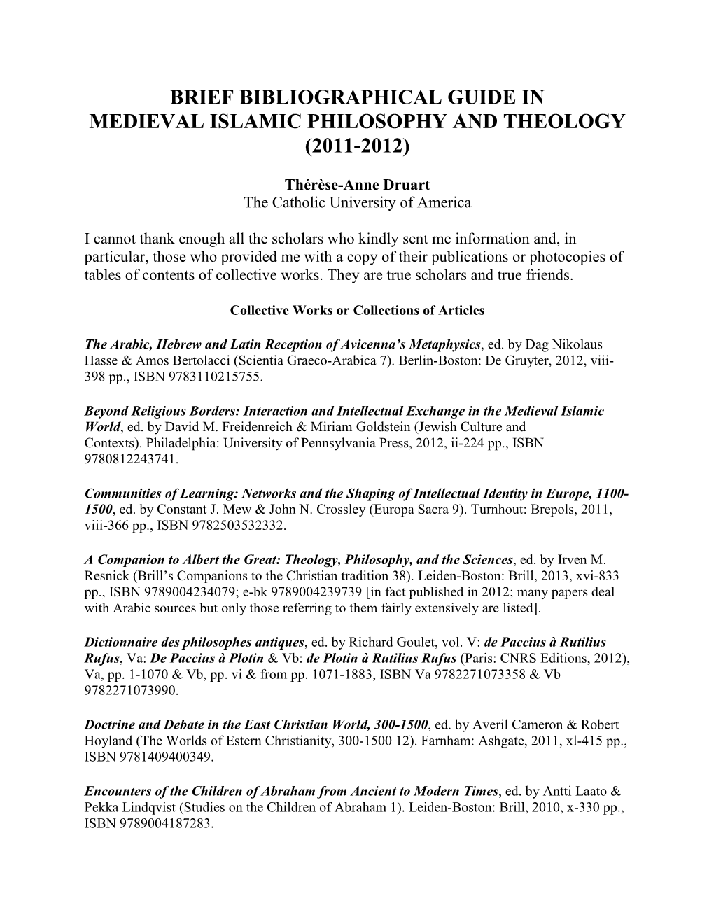 Brief Bibliographic Guide in Medieval Islamic Philosophy and Theology