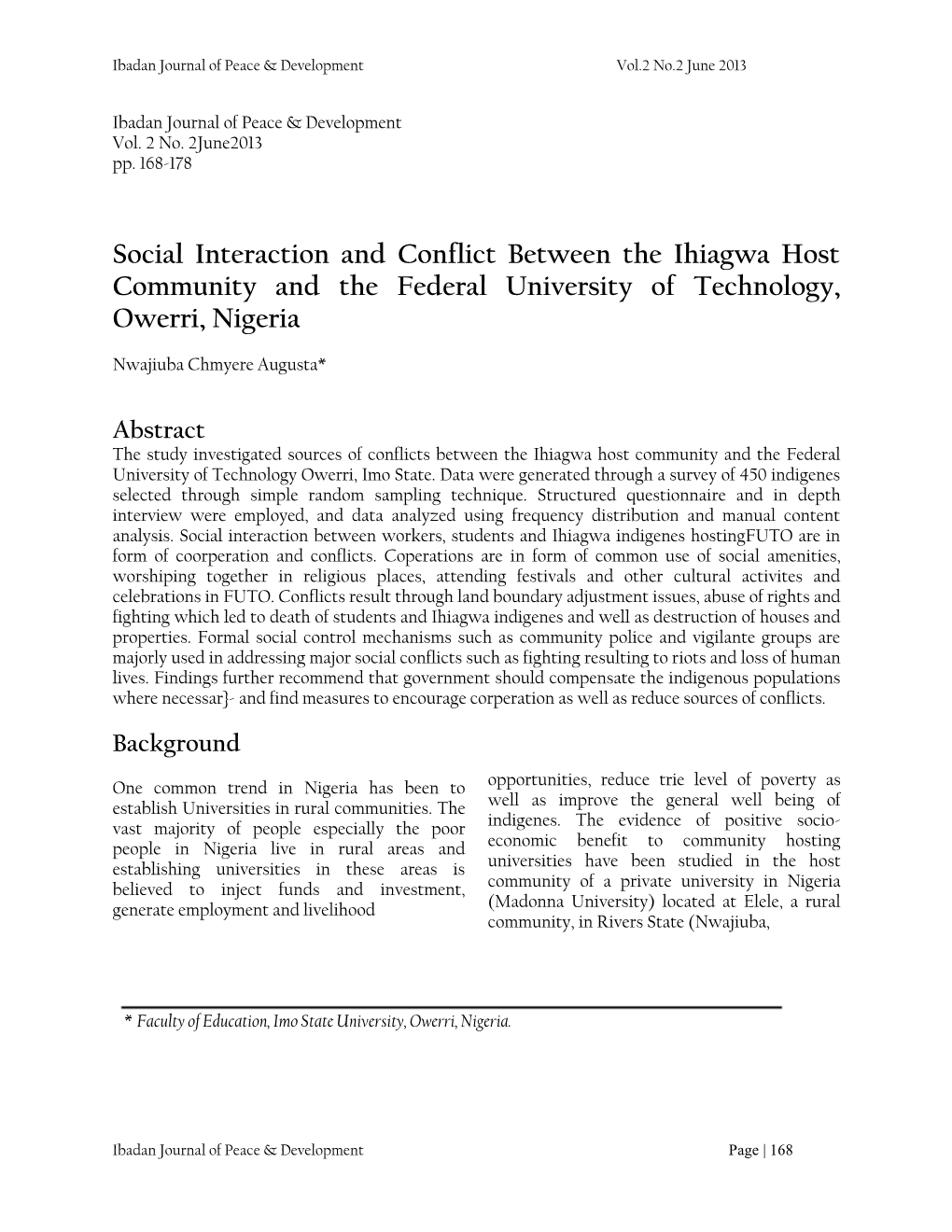 Social Interaction and Conflict Between the Ihiagwa Host Community and the Federal University of Technology, Owerri, Nigeria