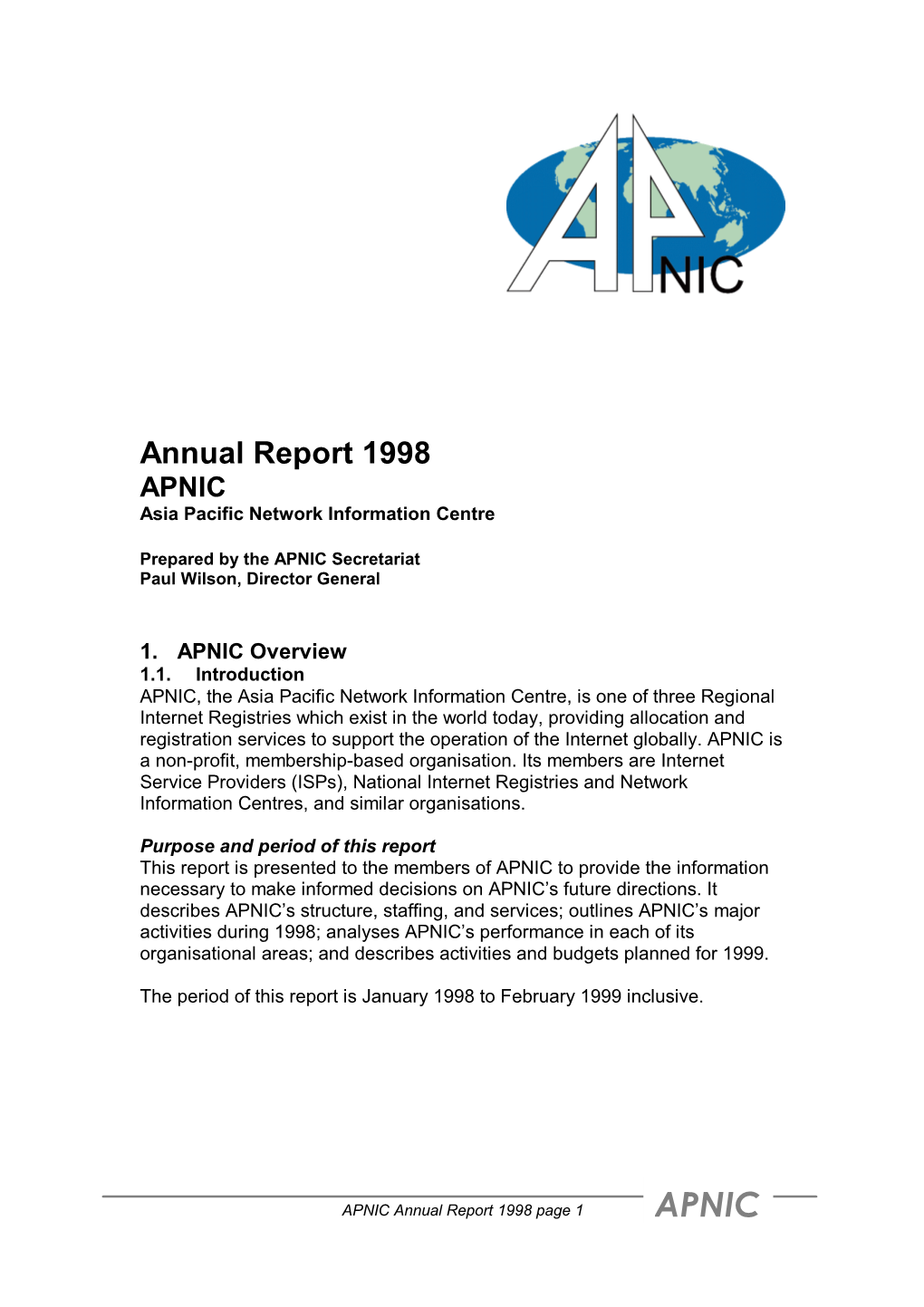 Annual Report 1998 APNIC Asia Pacific Network Information Centre