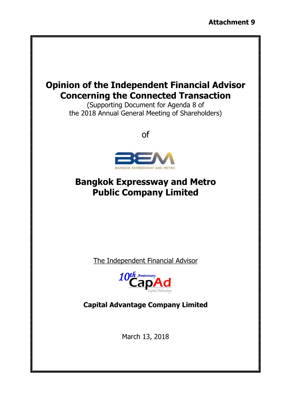 Opinion of the Independent Financial Advisor Concerning the Connected