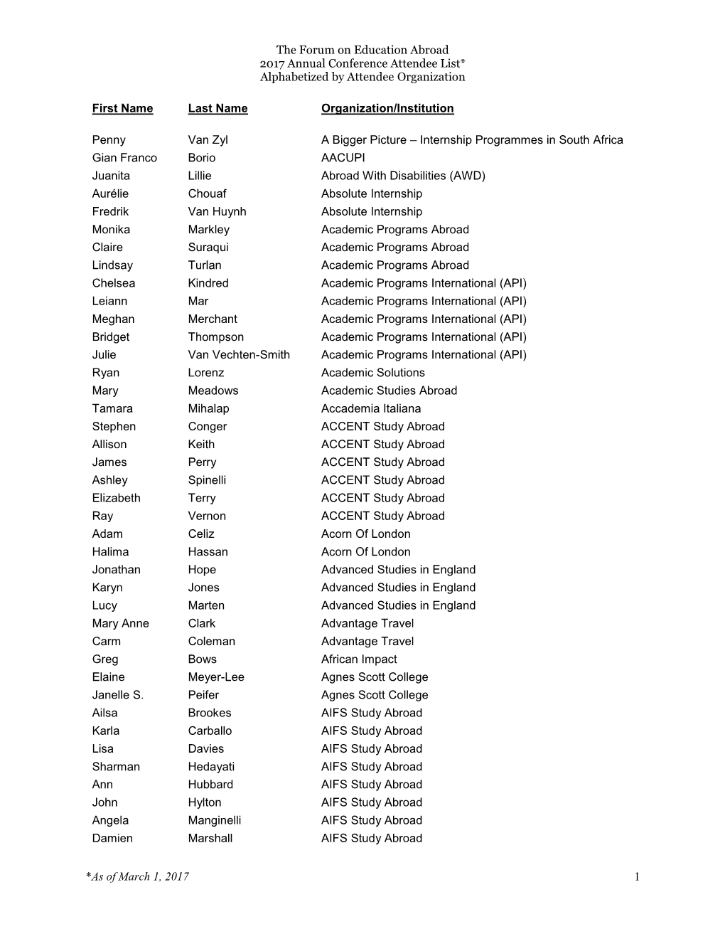 The Forum on Education Abroad 2017 Annual Conference Attendee List* Alphabetized by Attendee Organization First Name Last Name O