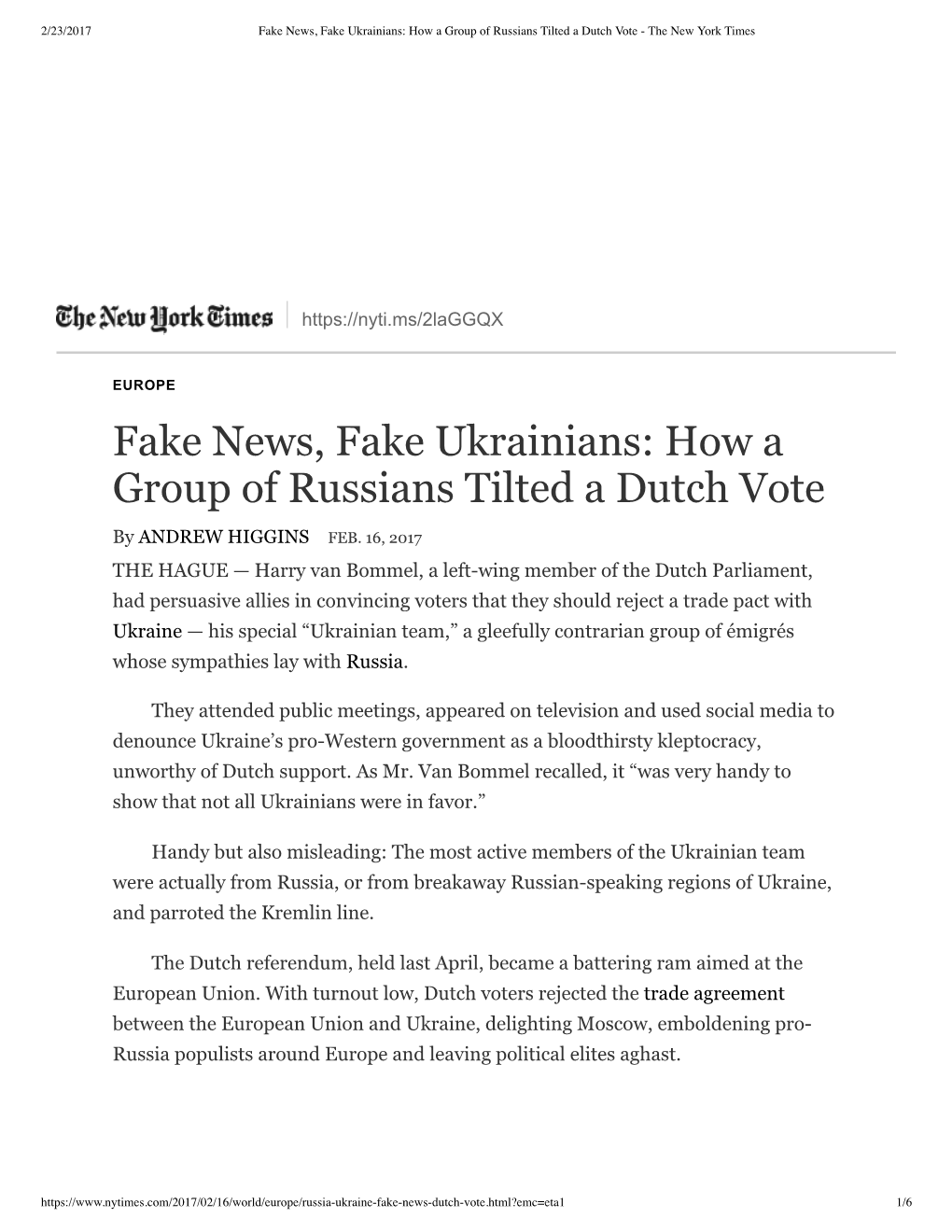 Fake News, Fake Ukrainians: How a Group of Russians Tilted a Dutch Vote - the New York Times