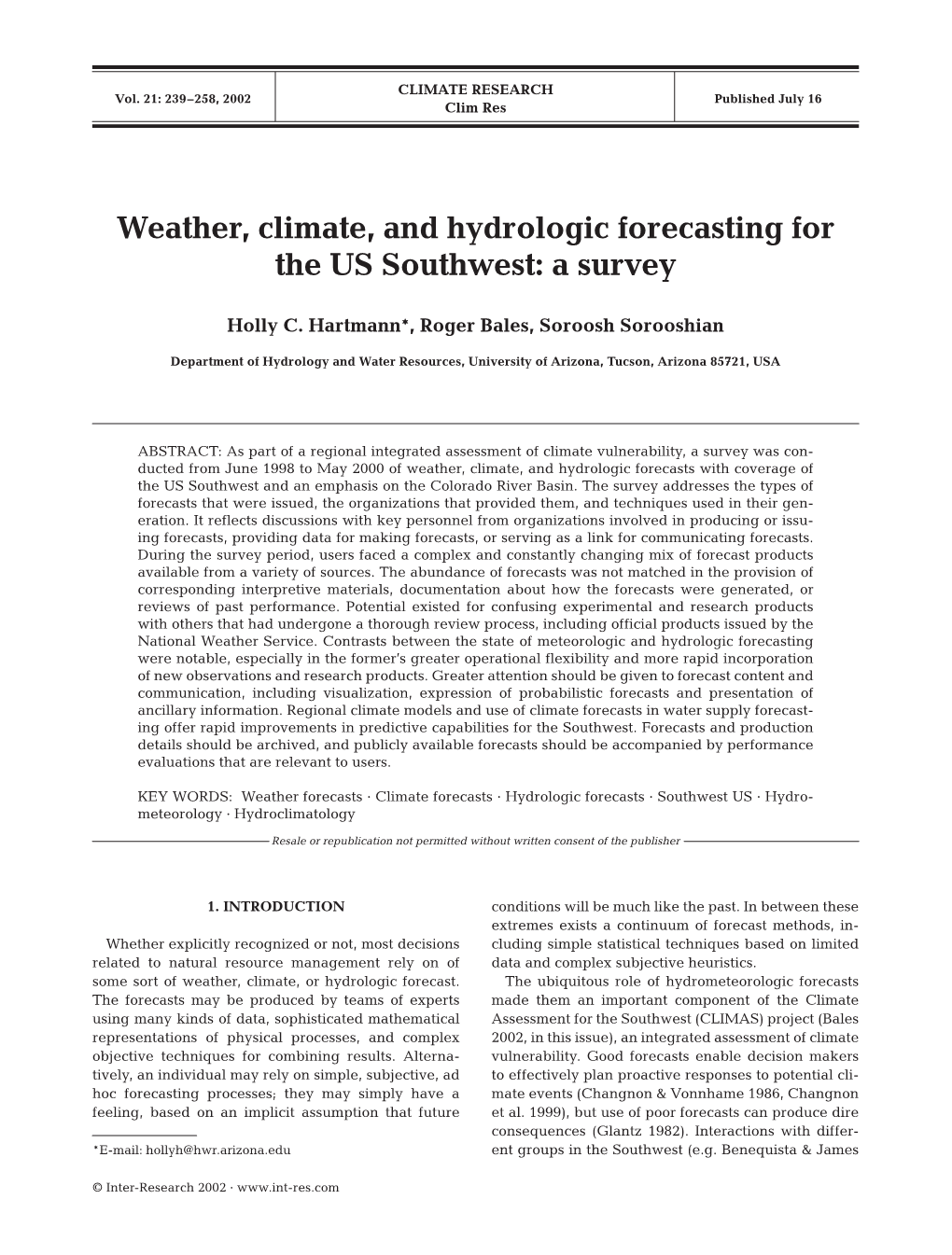 Weather, Climate, and Hydrologic Forecasting for the US Southwest: a Survey