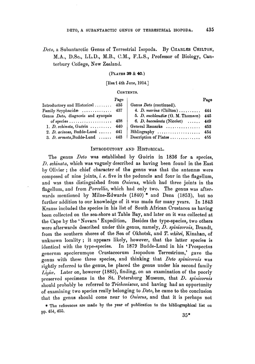 Deto, a Subantarctic Genus of Terrestrial Isopoda. 435