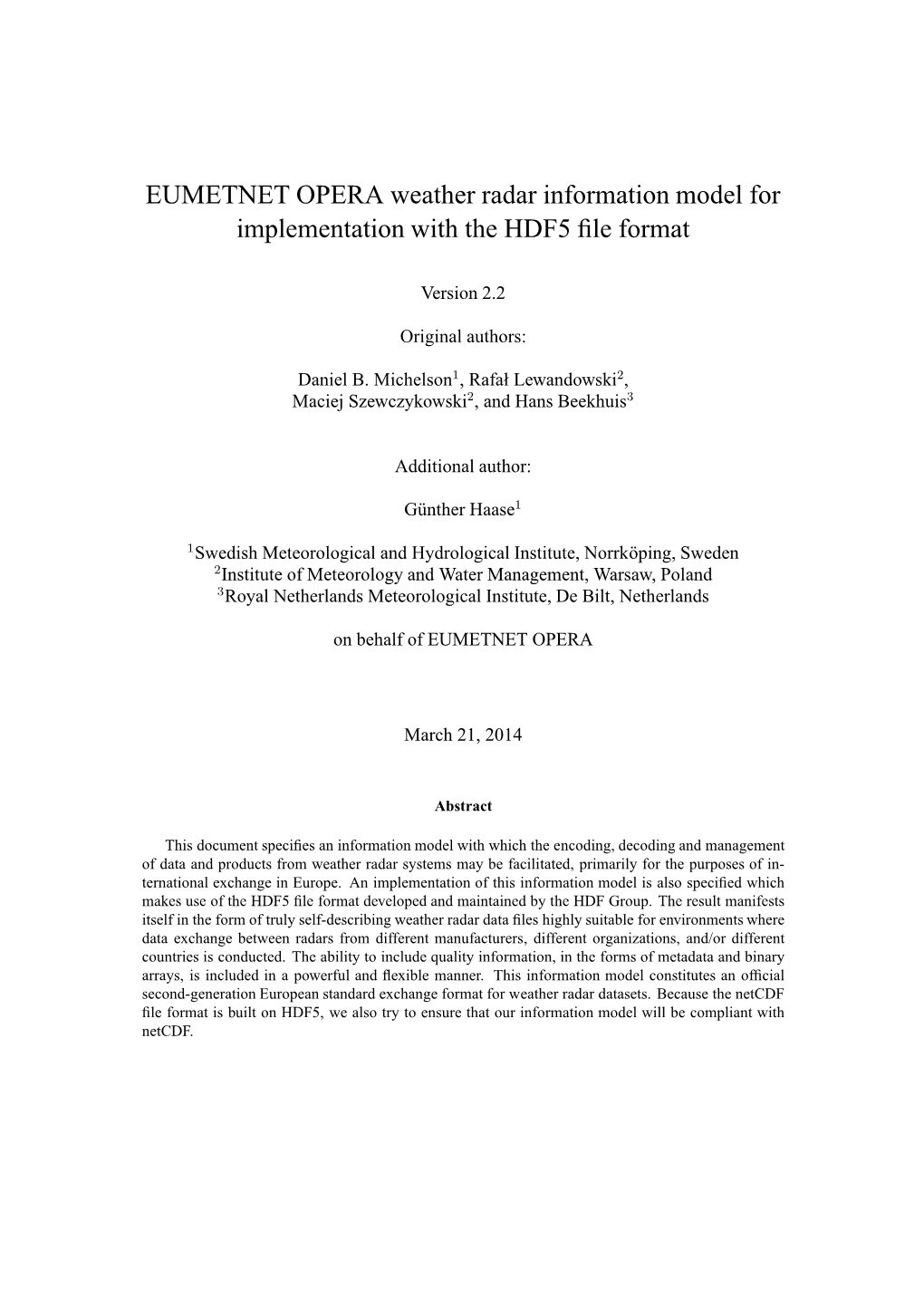 EUMETNET OPERA Weather Radar Information Model for Implementation with the HDF5 ﬁle Format