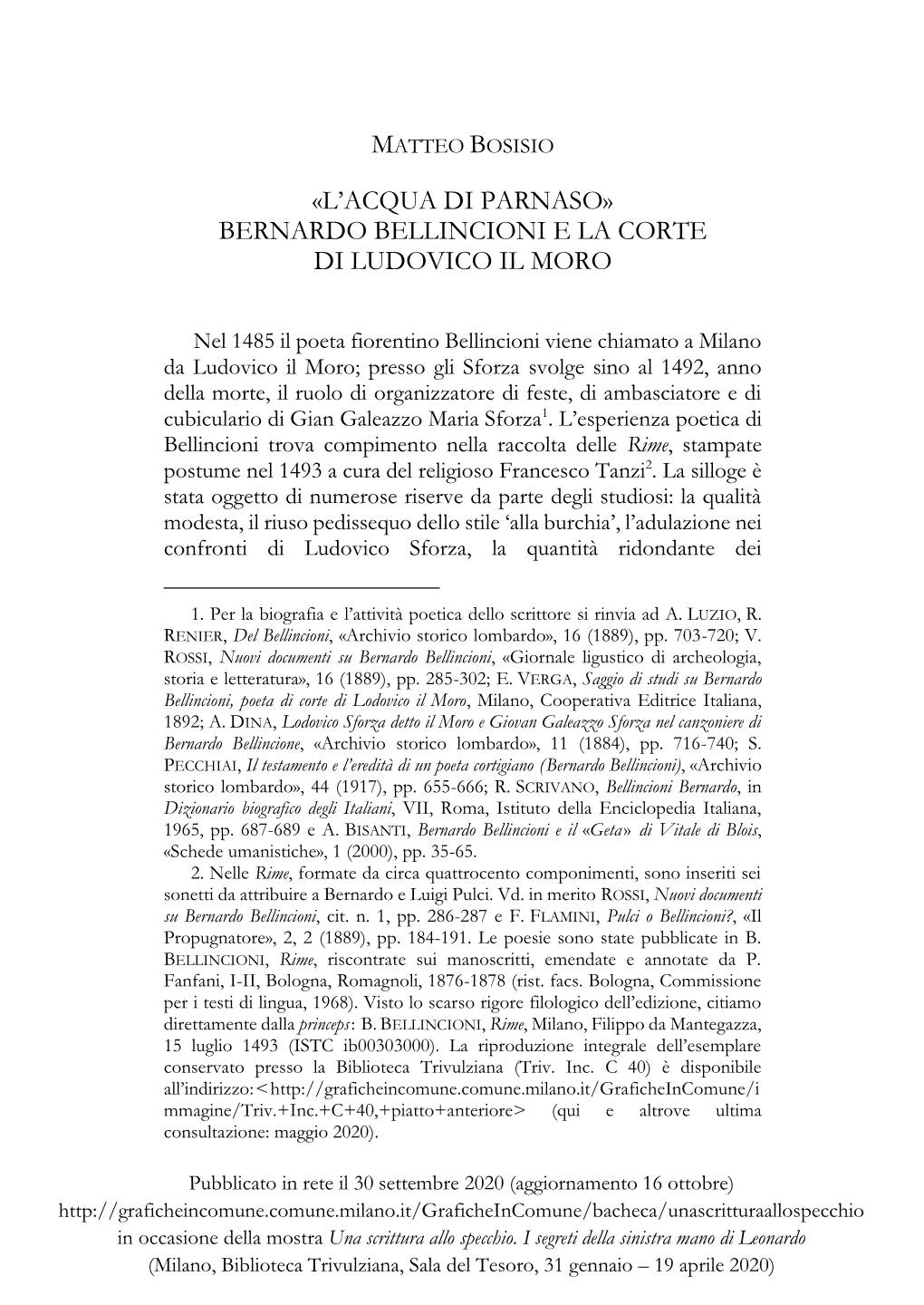 Bernardo Bellincioni E La Corte Di Ludovico Il Moro