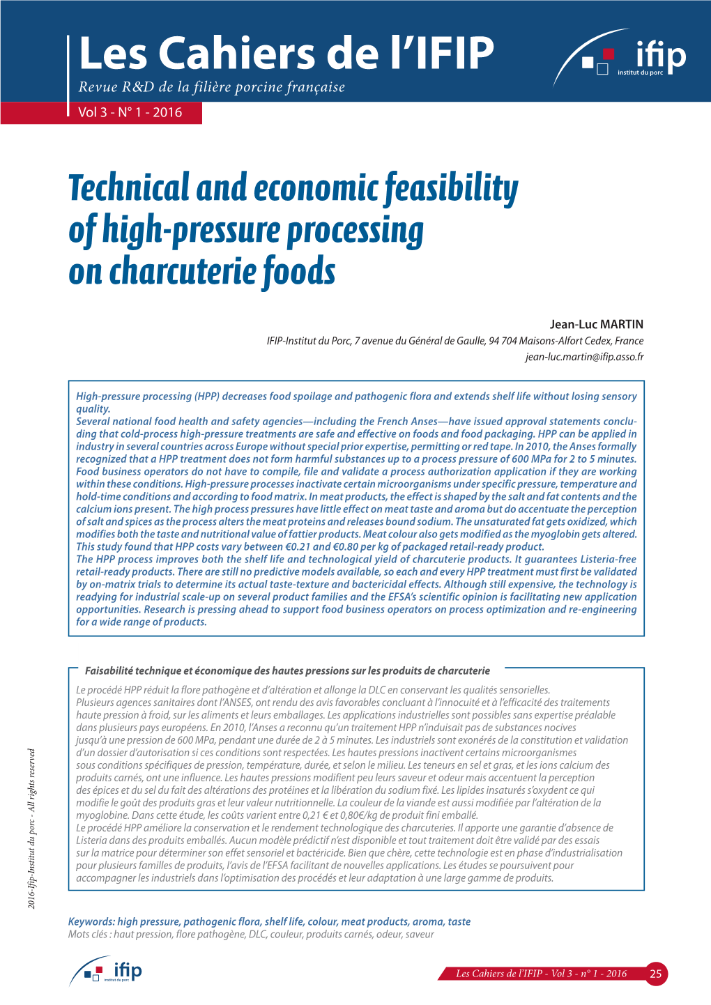 Technical and Economic Feasibility of High-Pressure Processing on Charcuterie Foods