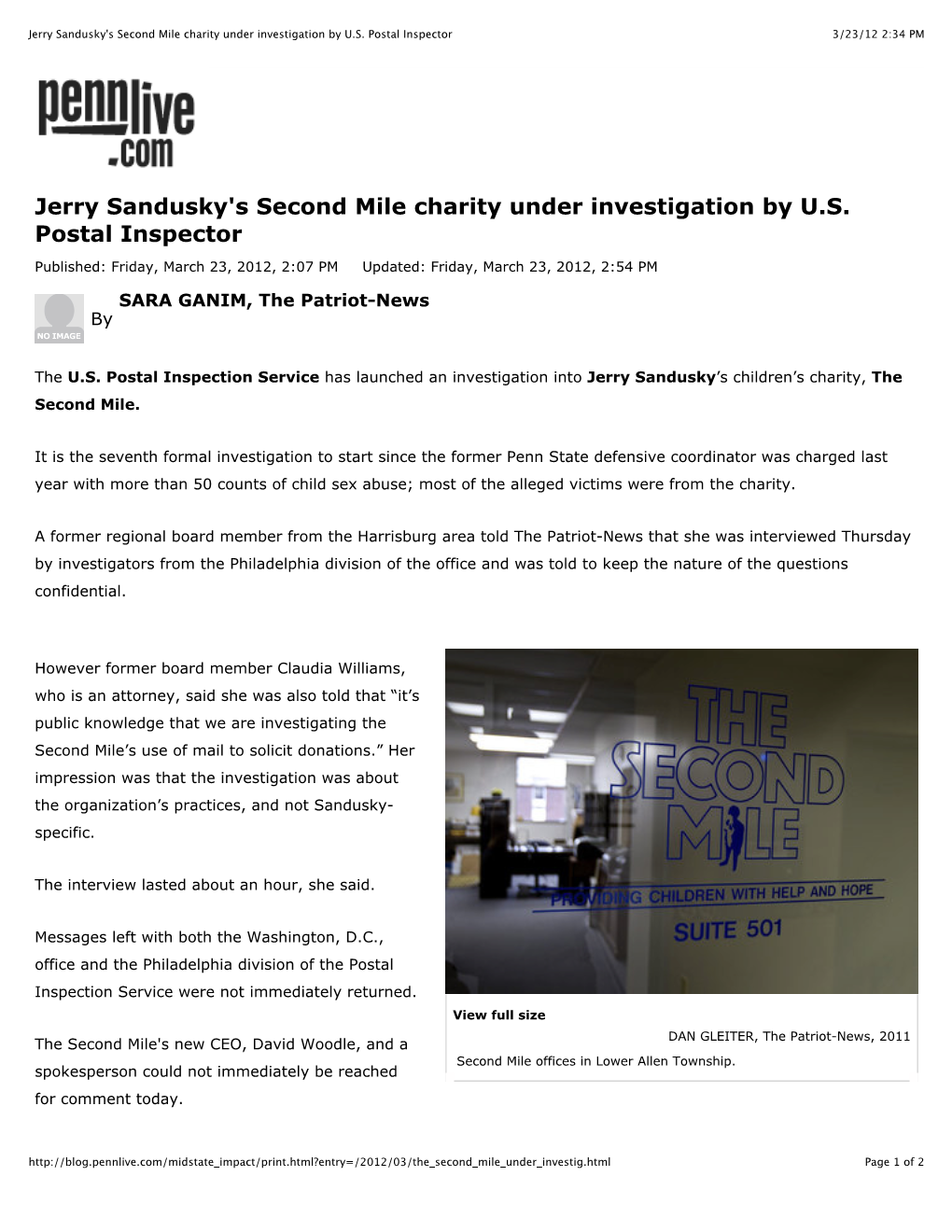 Jerry Sandusky's Second Mile Charity Under Investigation by U.S. Postal Inspector 3/23/12 2:34 PM