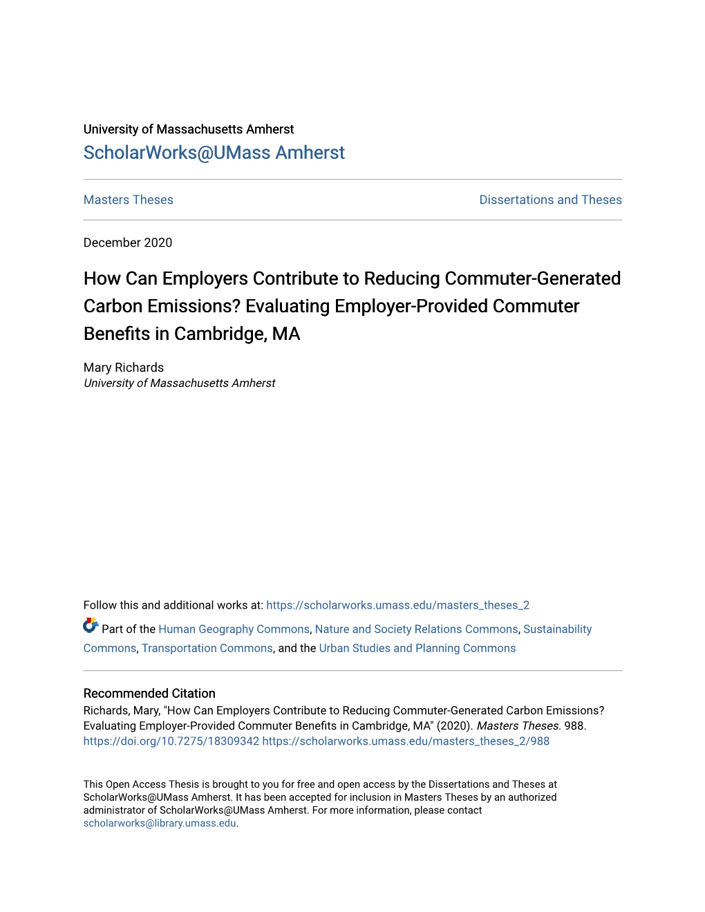 How Can Employers Contribute to Reducing Commuter-Generated Carbon Emissions? Evaluating Employer-Provided Commuter Benefits in Cambridge, MA