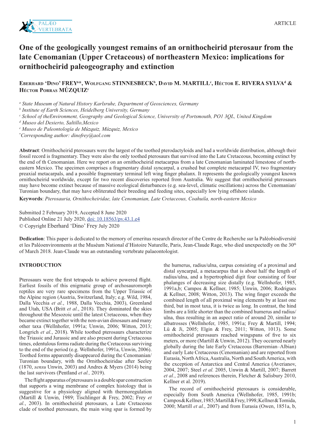 (Upper Cretaceous) of Northeastern Mexico: Implications for Ornithocheirid Paleogeography and Extinction