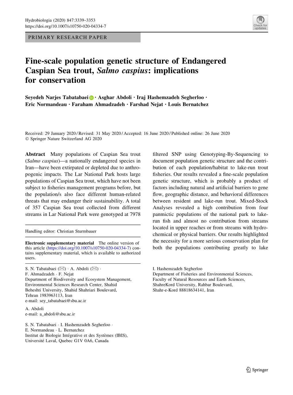 Fine-Scale Population Genetic Structure of Endangered Caspian Sea Trout, Salmo Caspius: Implications for Conservation