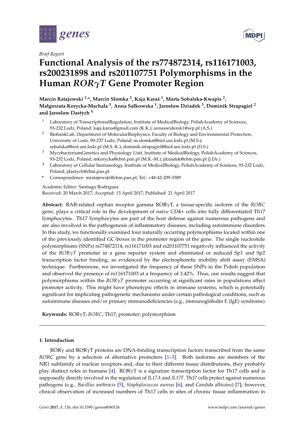 Functional Analysis of the Rs774872314, Rs116171003, Rs200231898 and Rs201107751 Polymorphisms in the Human Rorγt Gene Promoter Region