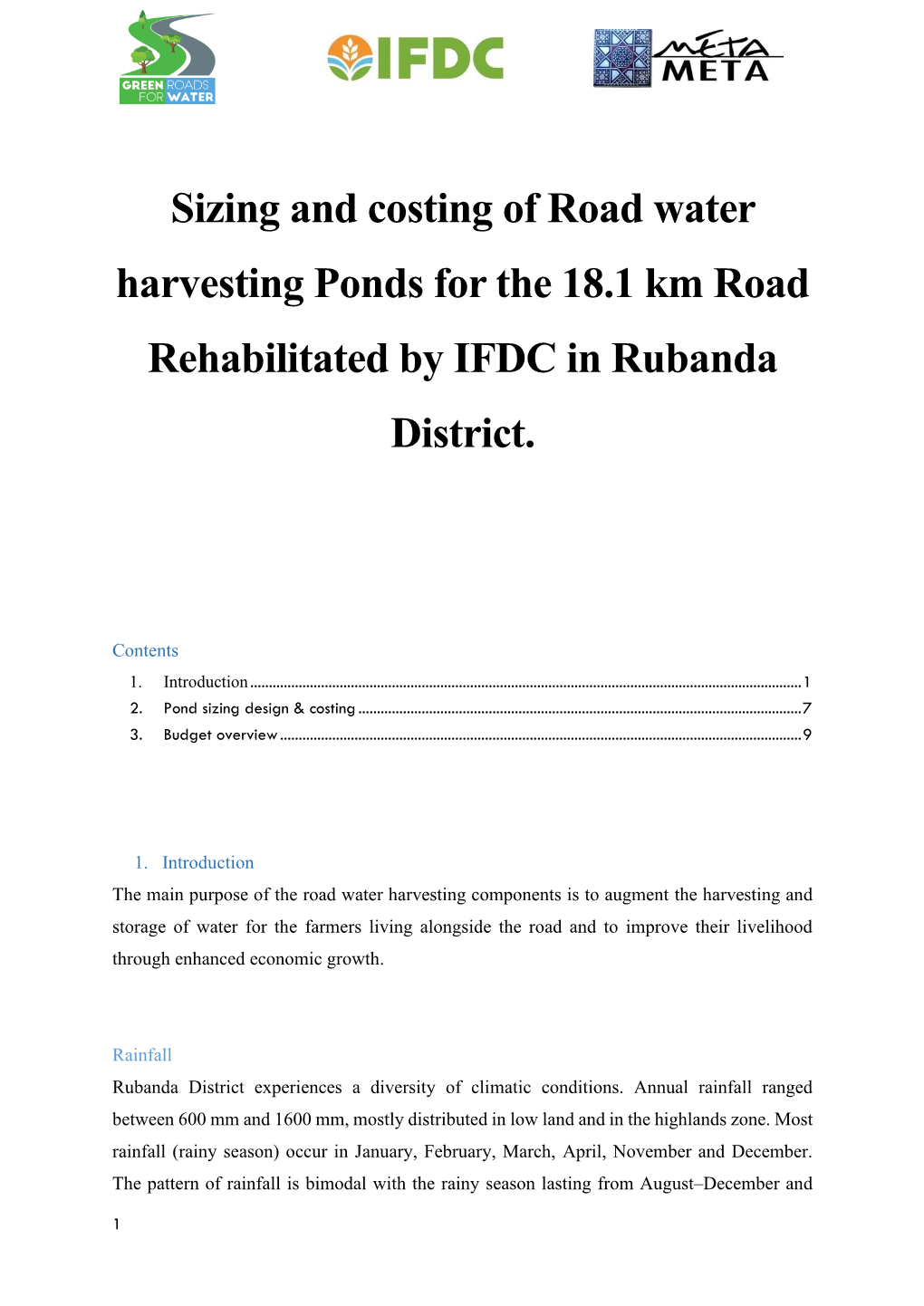 Sizing and Costing of Road Water Harvesting Ponds for the 18.1 Km Road Rehabilitated by IFDC in Rubanda District