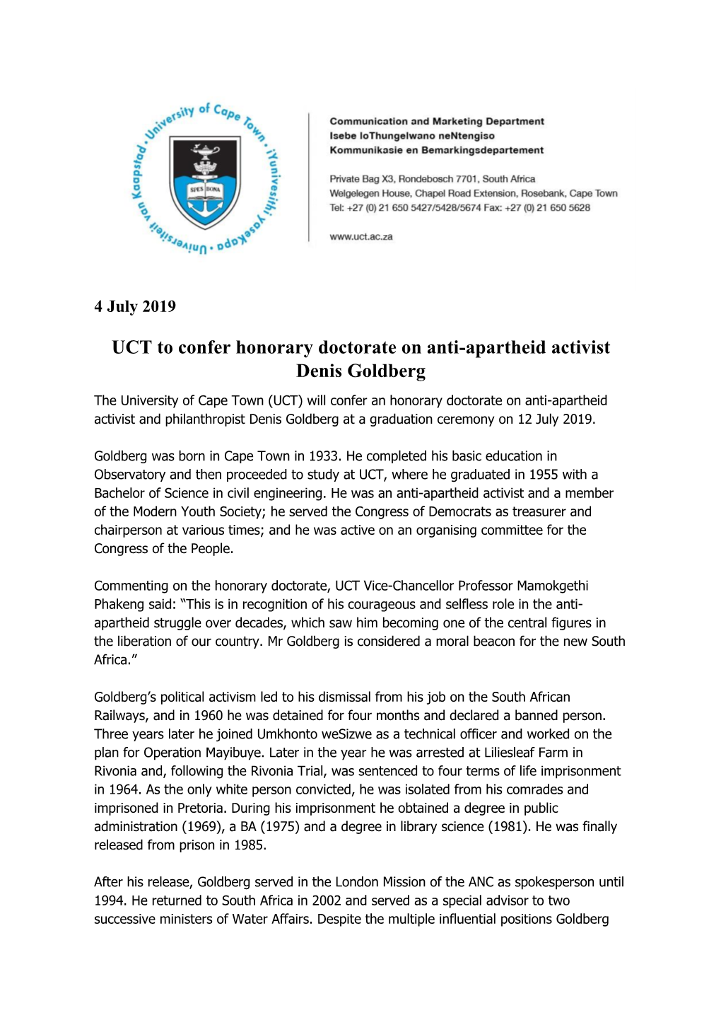 UCT to Confer Honorary Doctorate on Anti-Apartheid Activist Denis Goldberg