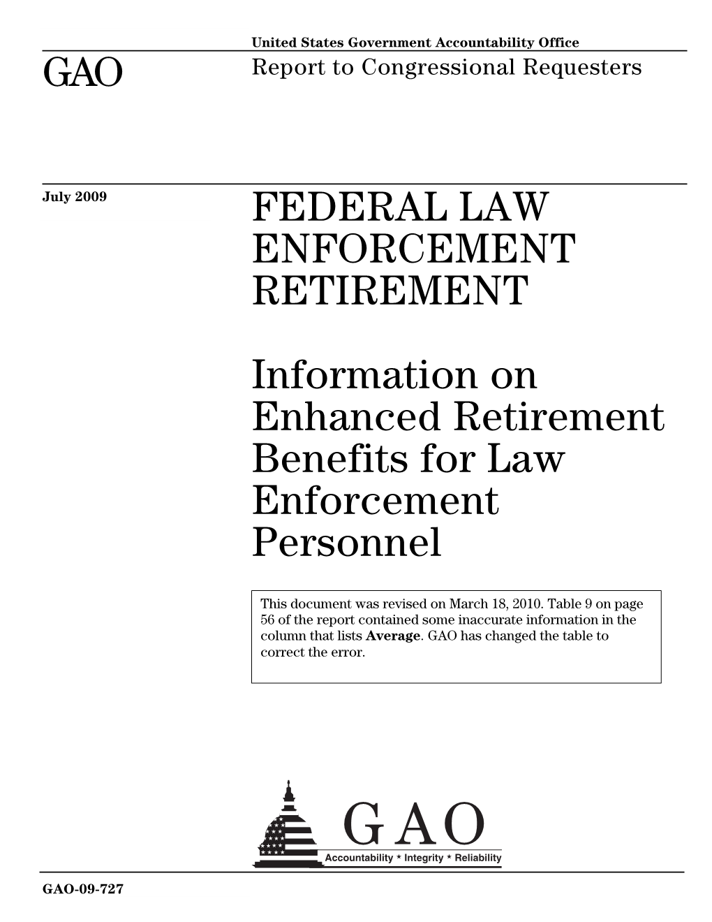 GAO-09-727 Federal Law Enforcement Retirement: Information