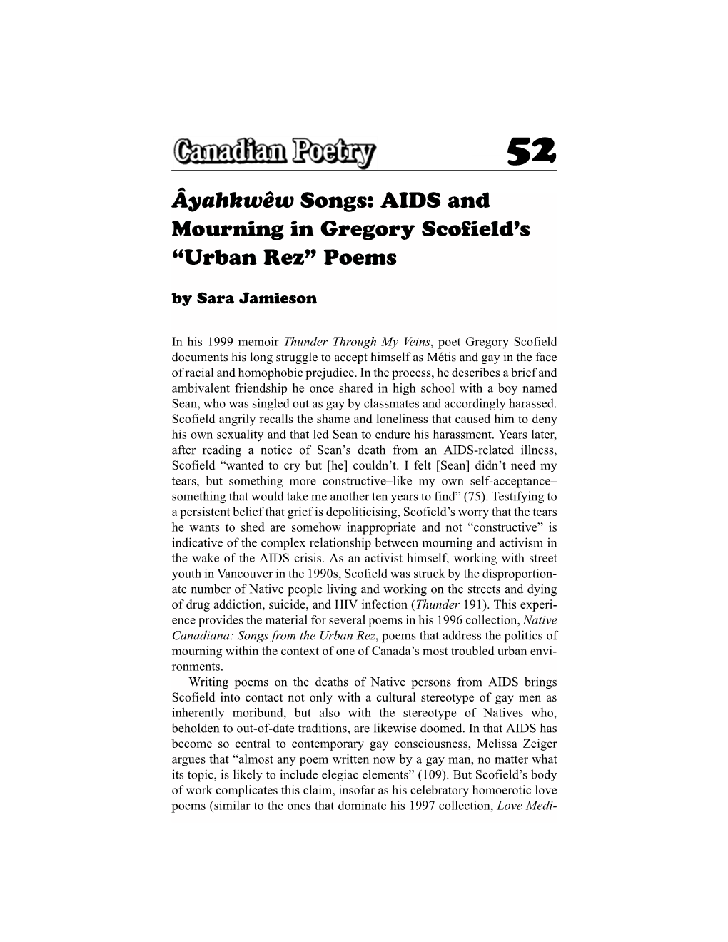 AIDS and Mourning in Gregory Scofield's “Urban Rez” Poems