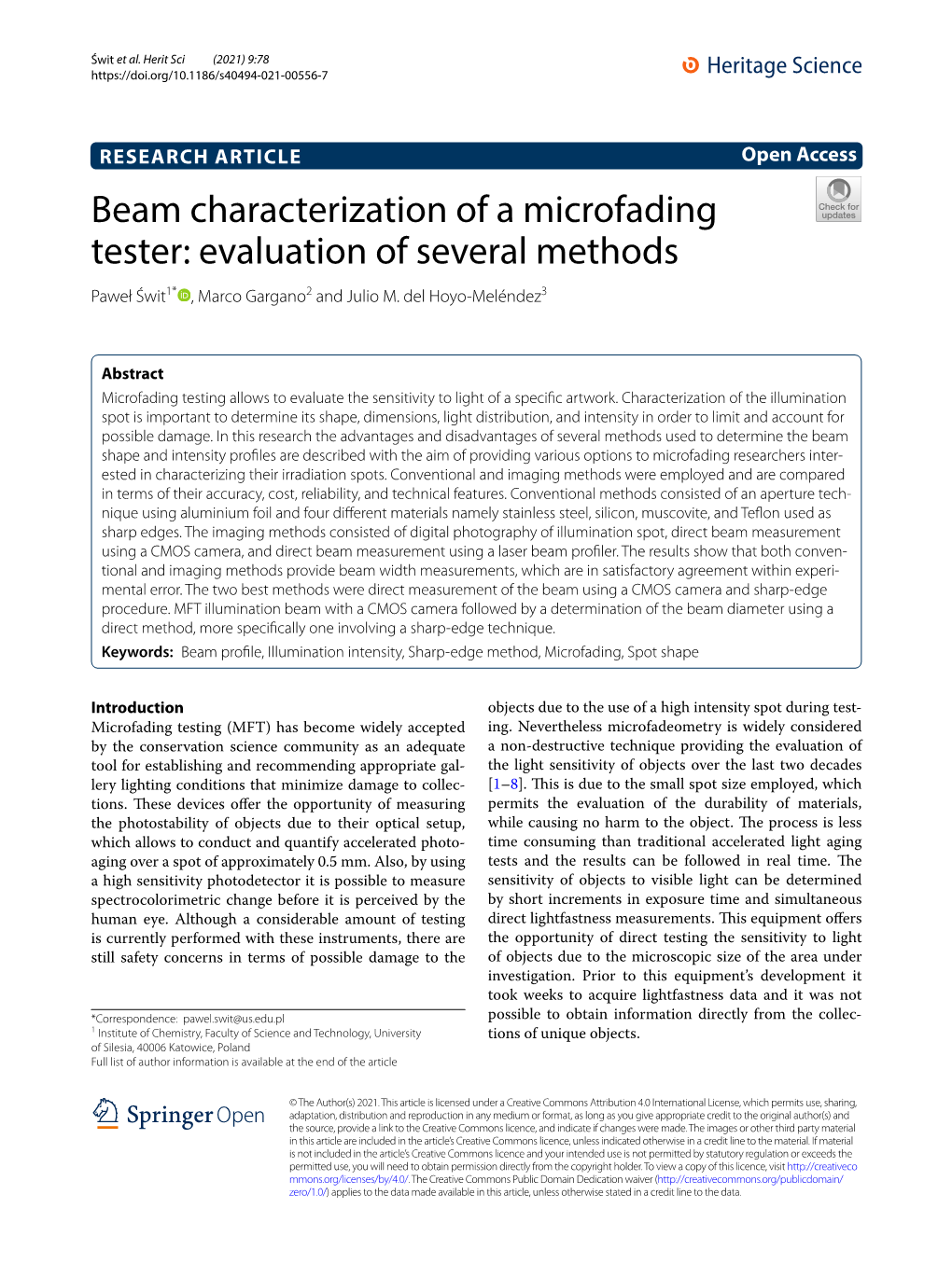 Beam Characterization of a Microfading Tester: Evaluation of Several Methods Paweł Świt1* , Marco Gargano2 and Julio M