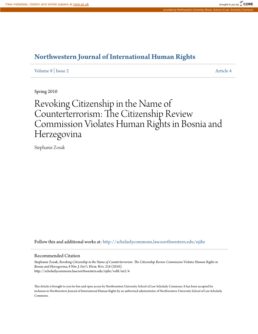 The Citizenship Review Commission Violates Human Rights in Bosnia and Herzegovina, 8 Nw