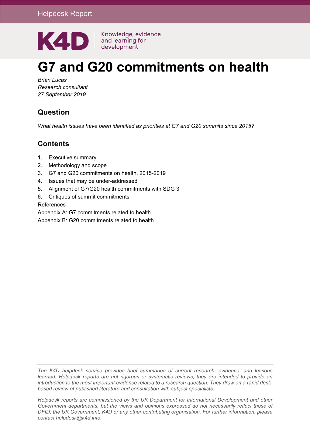 G7 and G20 Commitments on Health Brian Lucas Research Consultant 27 September 2019