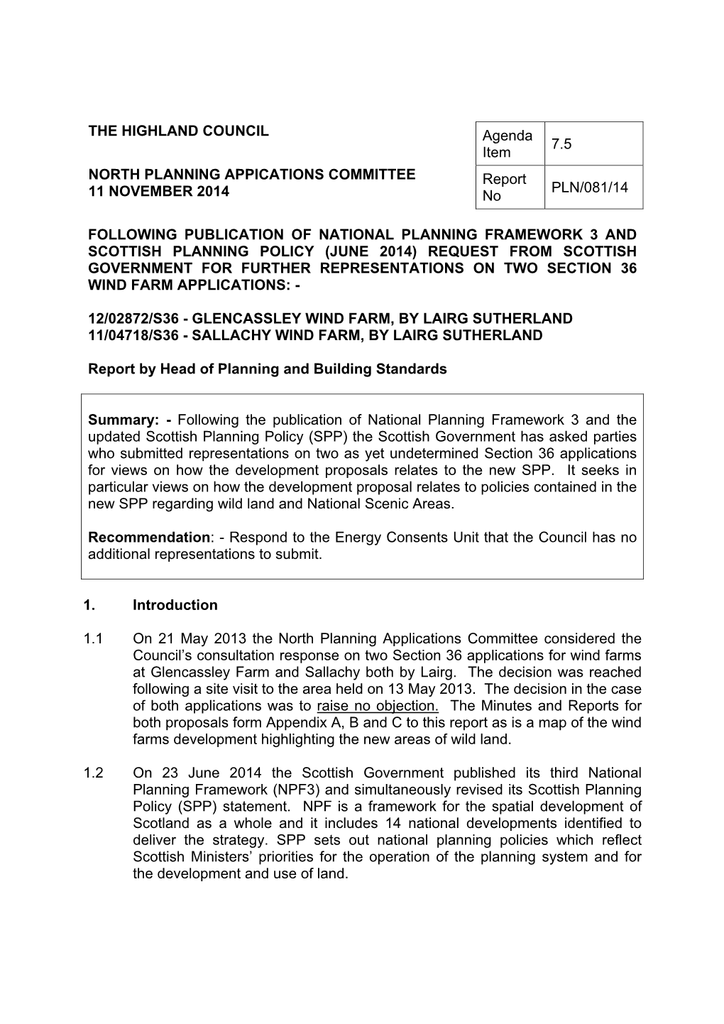 12/02872/S36 Glencassley Wind Farm and Application