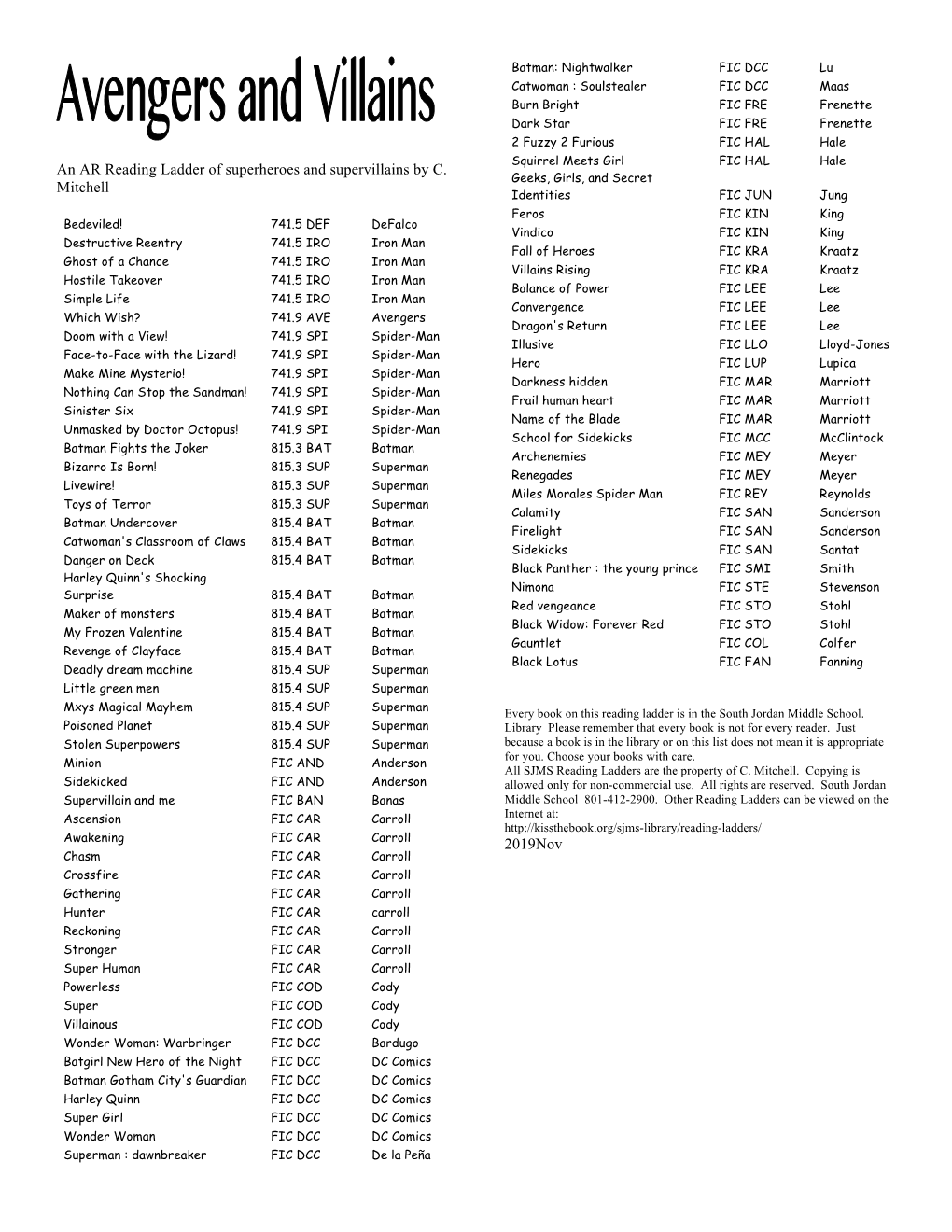 An AR Reading Ladder of Superheroes and Supervillains by C. Mitchell 2019Nov