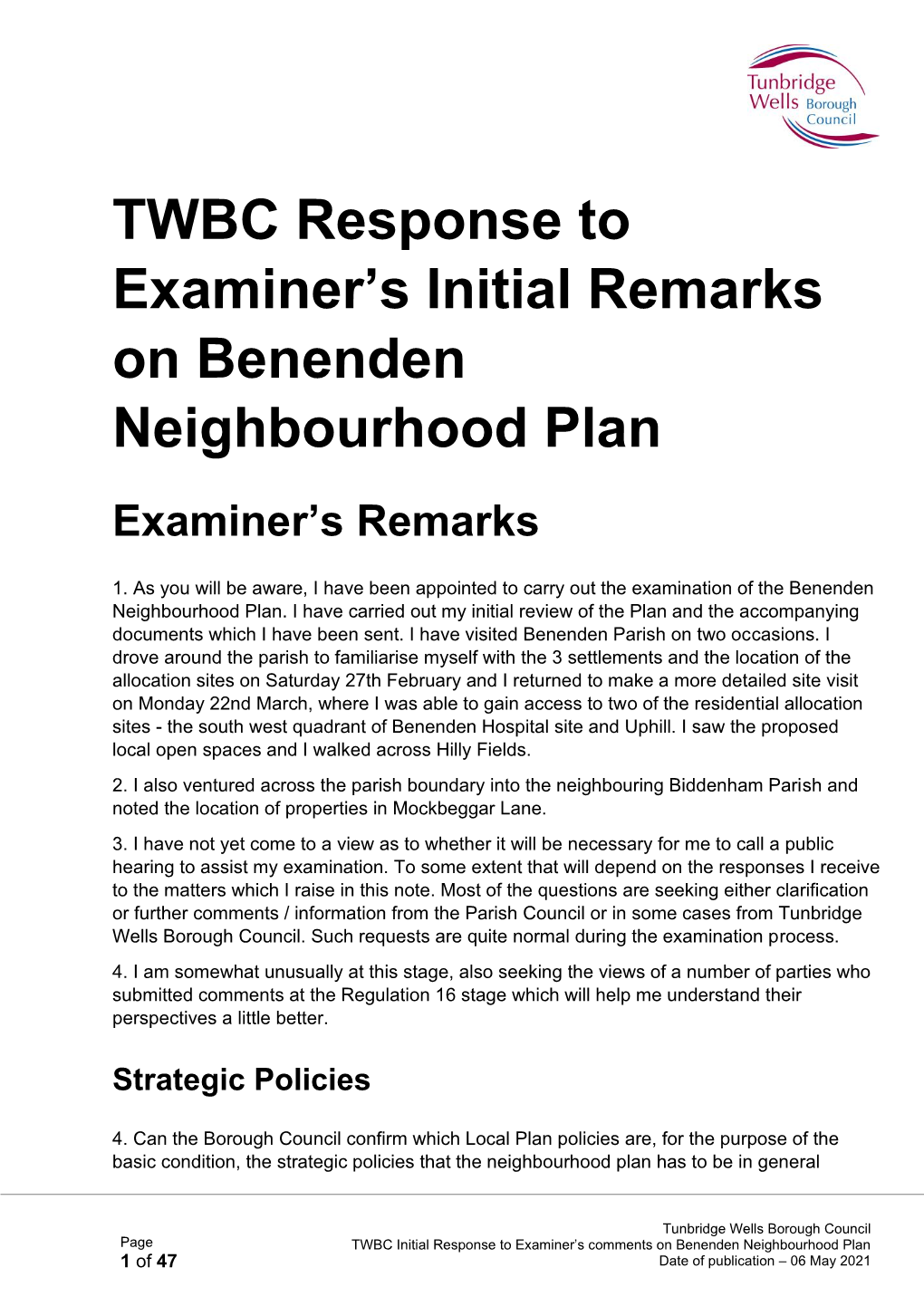 TWBC Initial Response to Examiner's