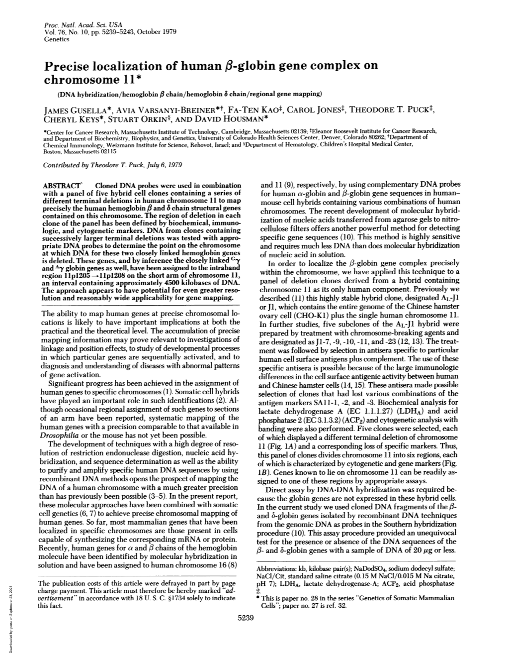 Precise Localization of Human /3-Globin Gene Complex On