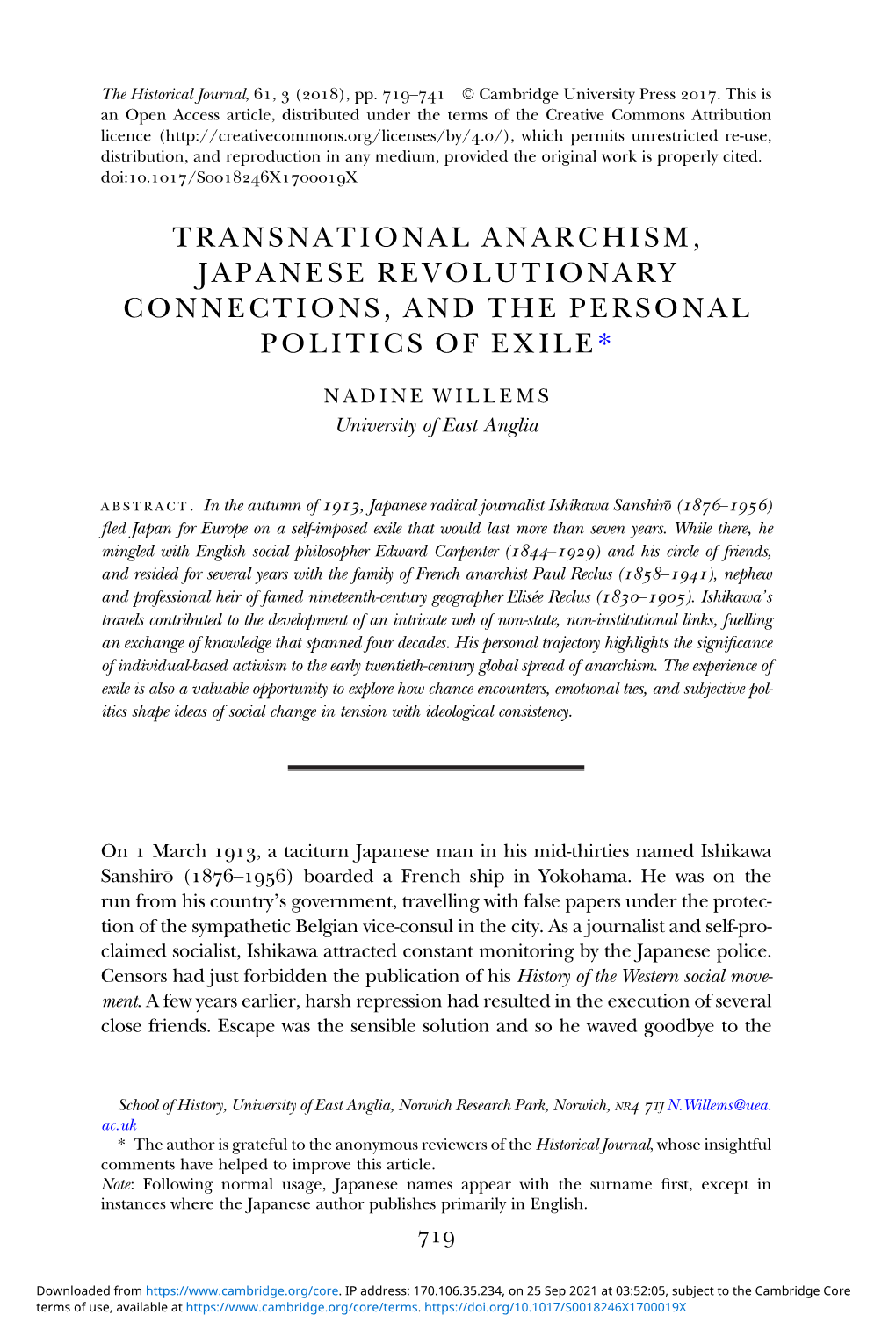 Transnational Anarchism, Japanese Revolutionary Connections, and the Personal Politics of Exile*
