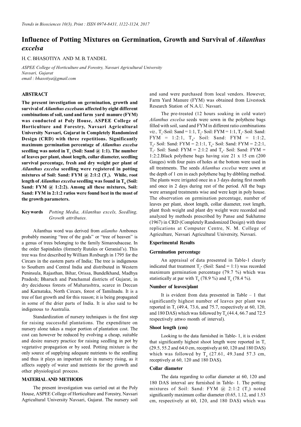 Influence of Potting Mixtures on Germination, Growth and Survival of Ailanthus Excelsa H