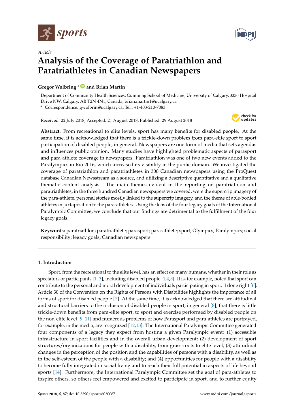 Analysis of the Coverage of Paratriathlon and Paratriathletes in Canadian Newspapers