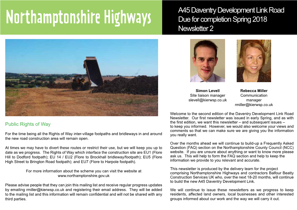 Northamptonshire Highways Due for Completion Spring 2018 Newsletter 2