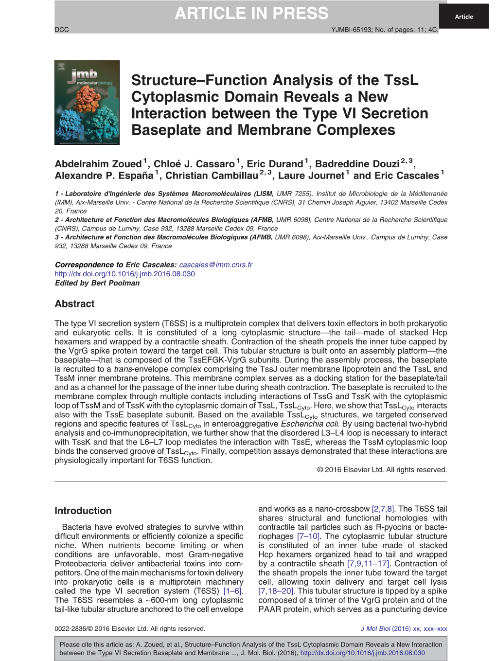 Structure-Function Analysis of the Tssl Cytoplasmic Domain Reveals a New Interaction Between the Type VI Secretion Baseplate