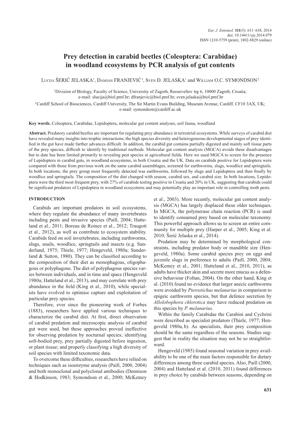 Prey Detection in Carabid Beetles (Coleoptera: Carabidae) in Woodland Ecosystems by PCR Analysis of Gut Contents