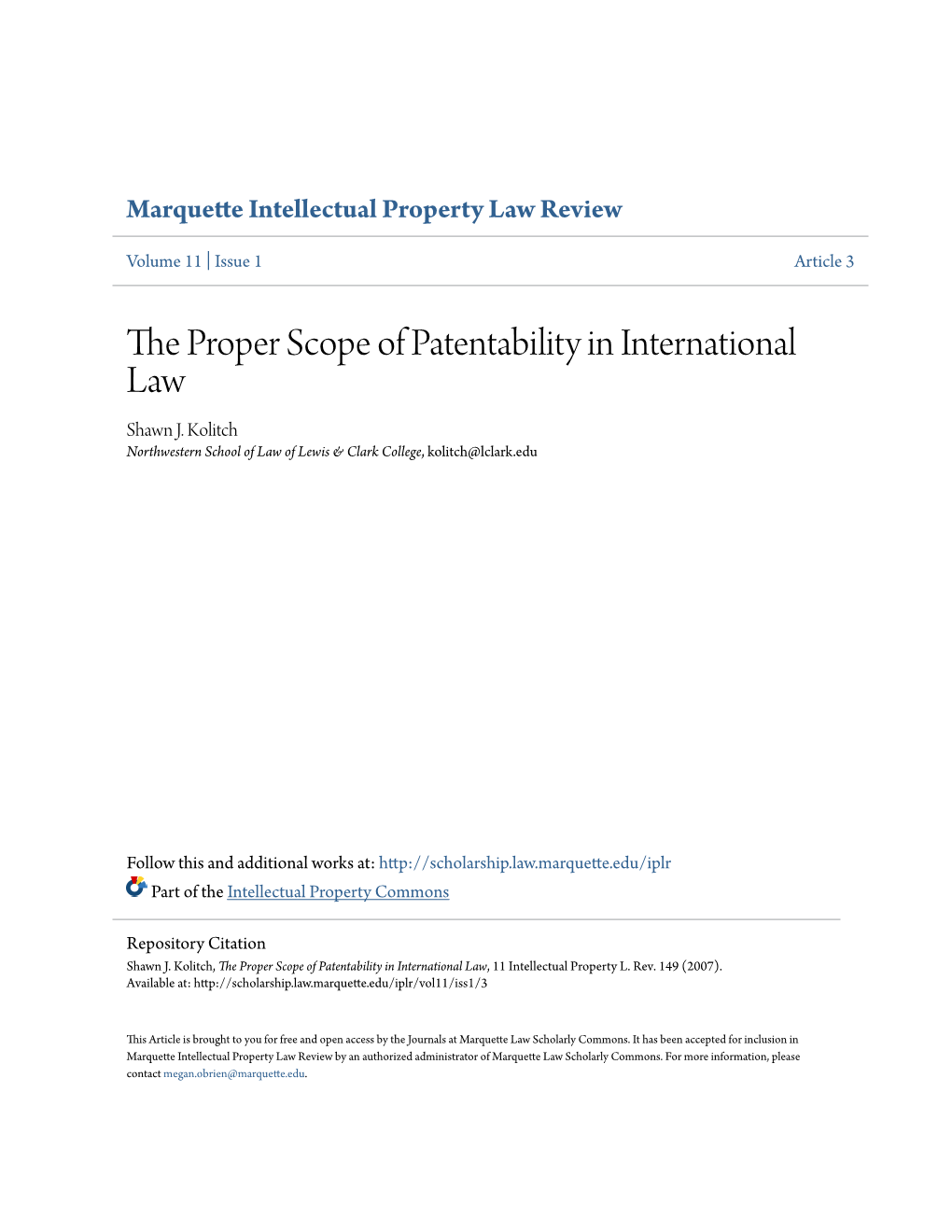 The Proper Scope of Patentability in International Law, 11 Intellectual Property L