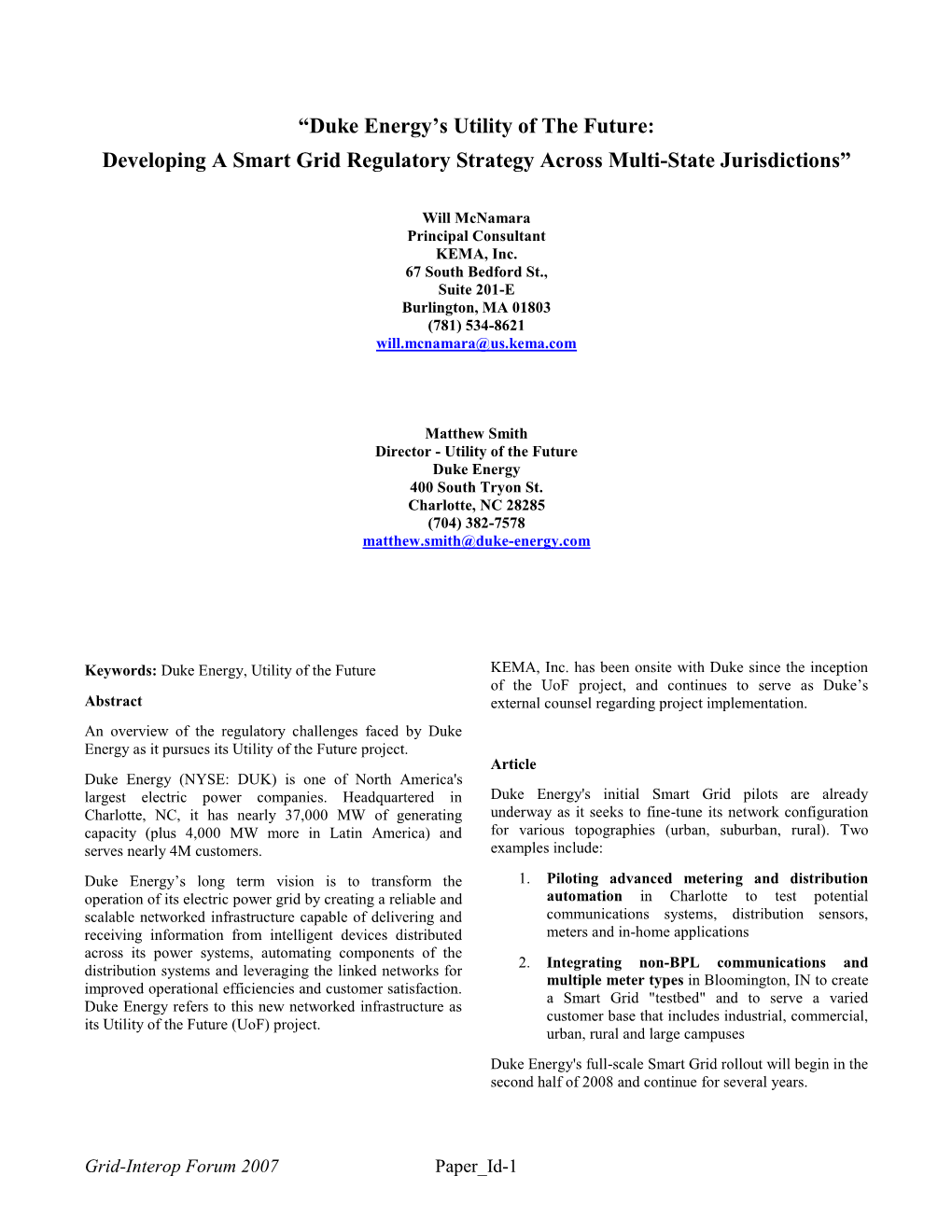 “Duke Energy's Utility of the Future: Developing a Smart Grid Regulatory Strategy Across Multi-State Jurisdictions”