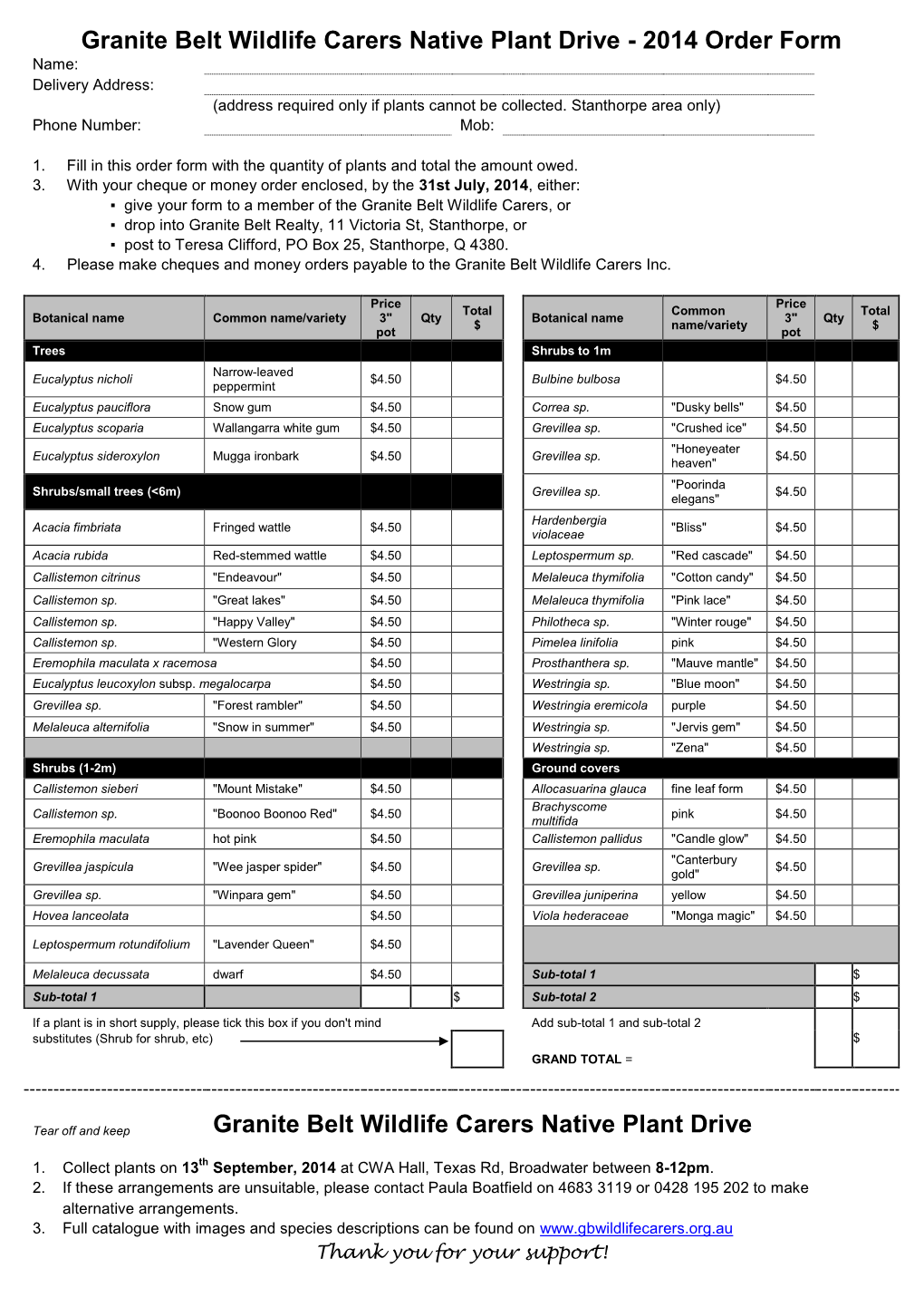 2014 Order Form Granite Belt Wildlife Carers Native Plant Drive