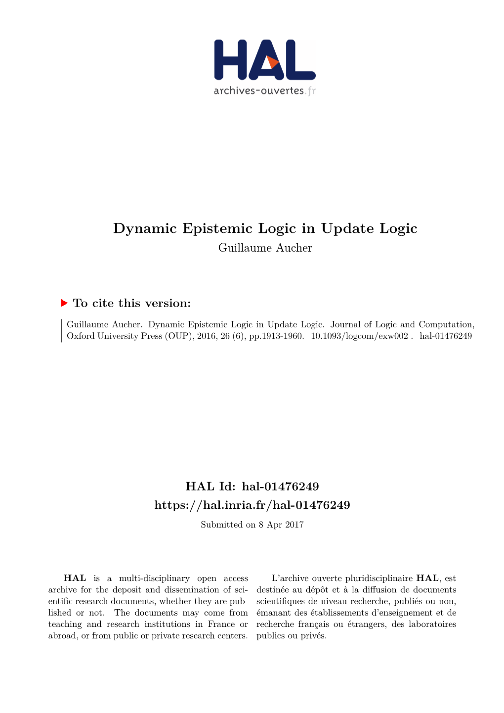 Dynamic Epistemic Logic in Update Logic Guillaume Aucher