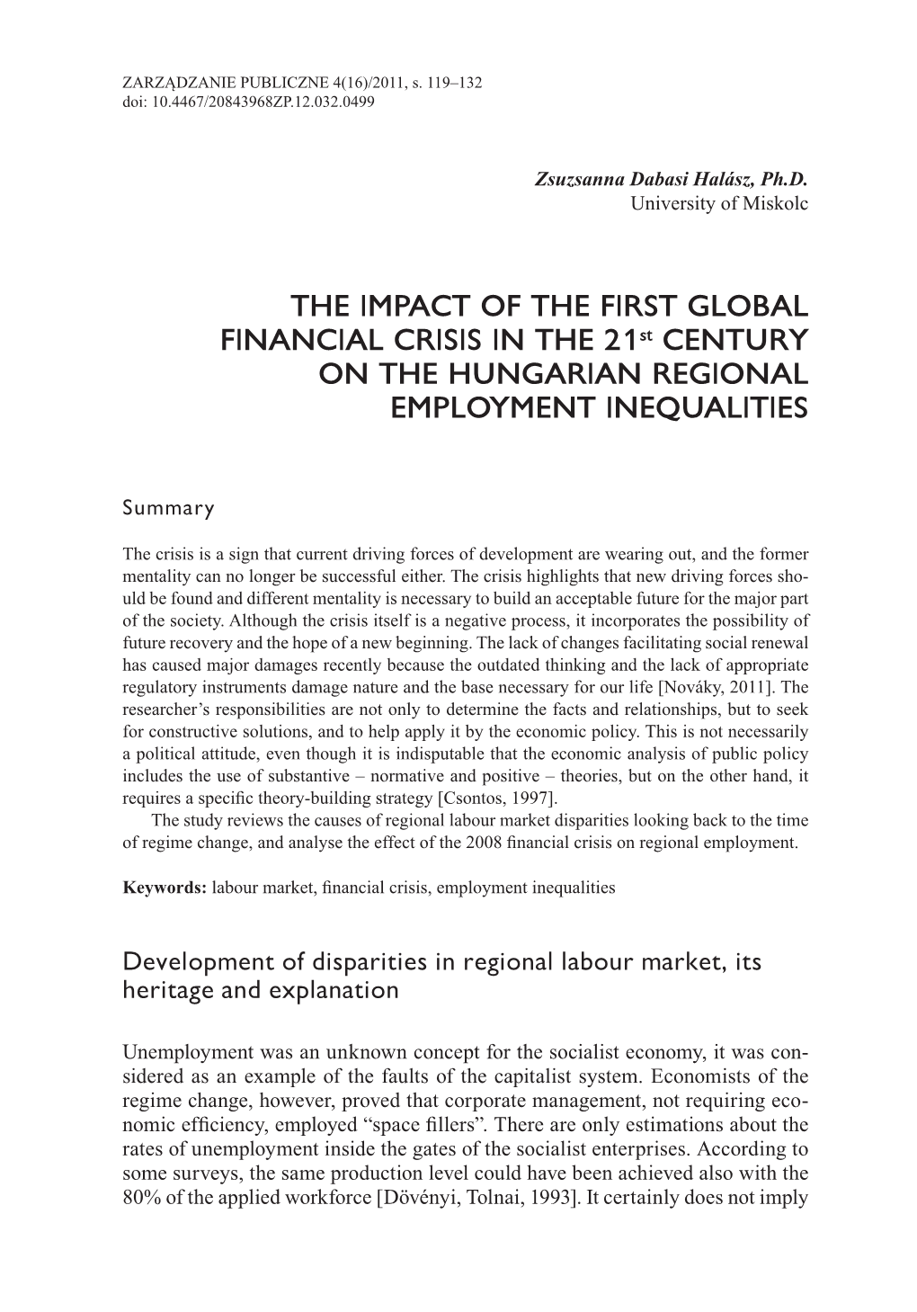 The Impact of the First Global Financial Crisis in the 21St Century on the Hungarian Regional Employment Inequalities