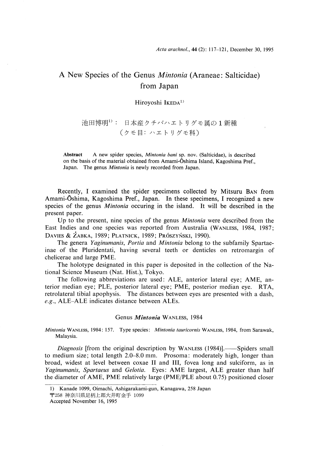 A New Species of the Genus Mintonia (Araneae: from Japan Hiroyoshi