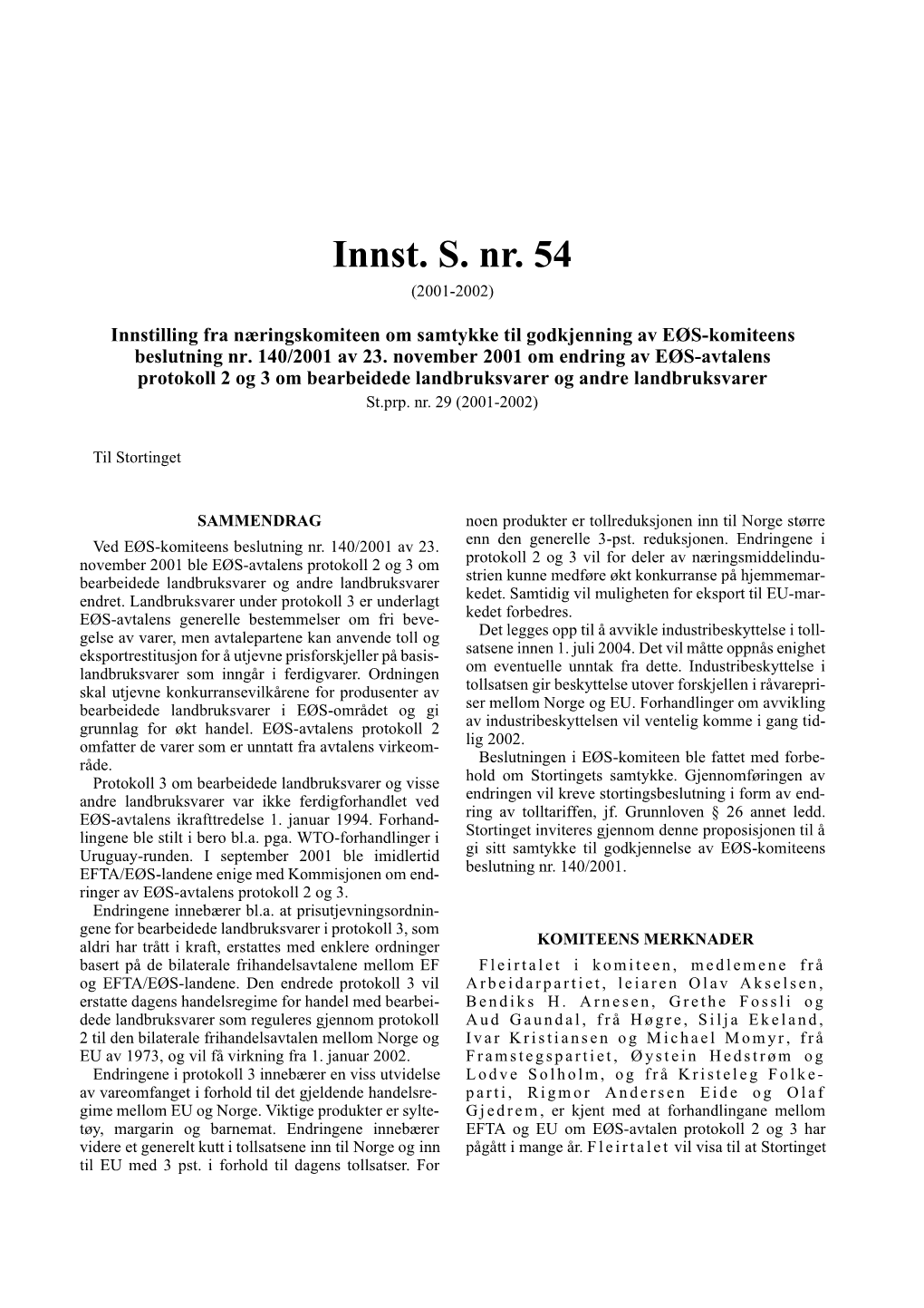 Innst. S. Nr. 54 (2001-2002)